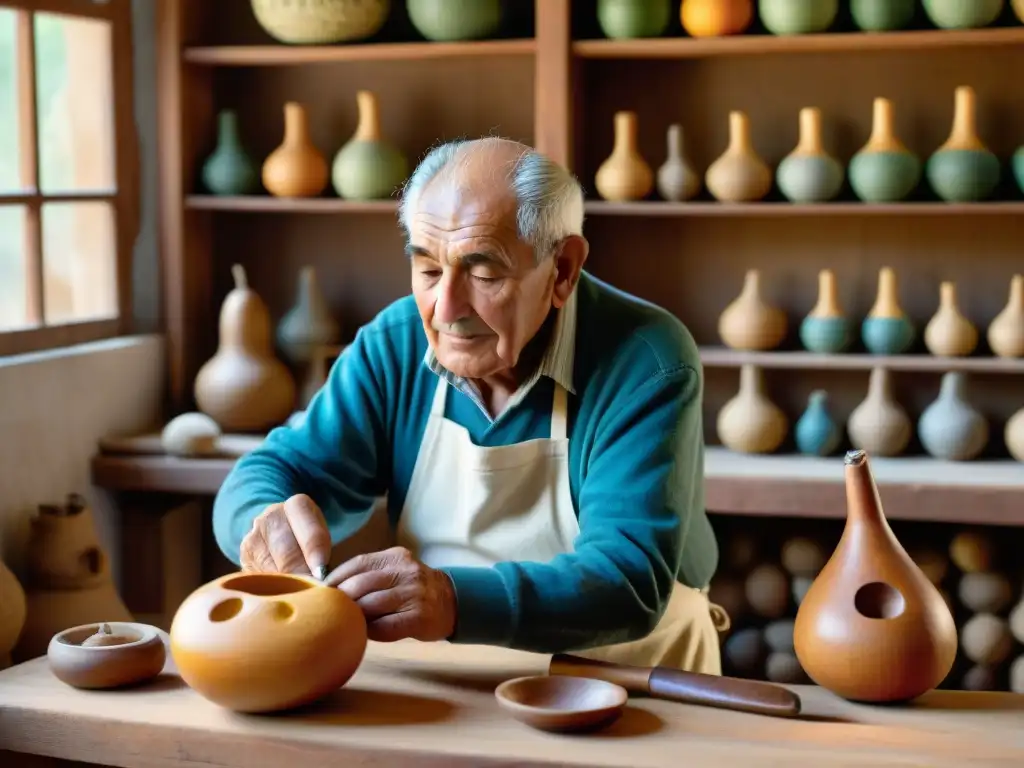 Un artesano uruguayo talla diseños en un mate con equilibrio perfecto en su taller lleno de color