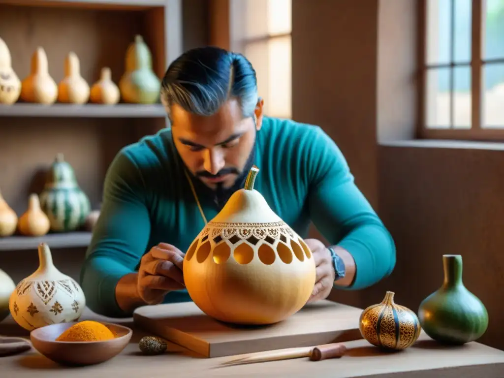 Un artesano uruguayo talla diseños en una calabaza de Mate, rodeado de herramientas y materiales, con la luz solar resaltando su trabajo