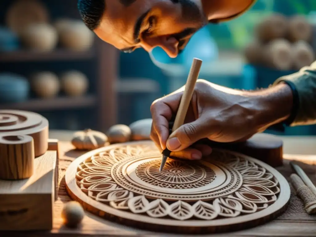 Un artesano uruguayo talla diseños en madera rodeado de virutas y grabados, revelando imágenes ocultas taller grabado madera