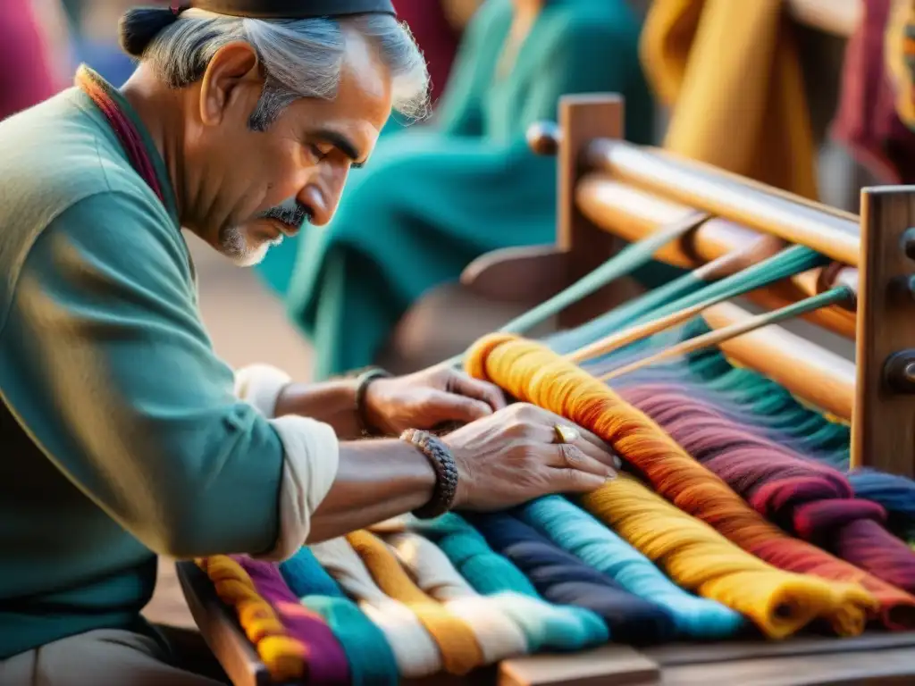 Artesano uruguayo tejiendo tapestry de lana en feria artesanal, equilibrio perfecto de tradición y color