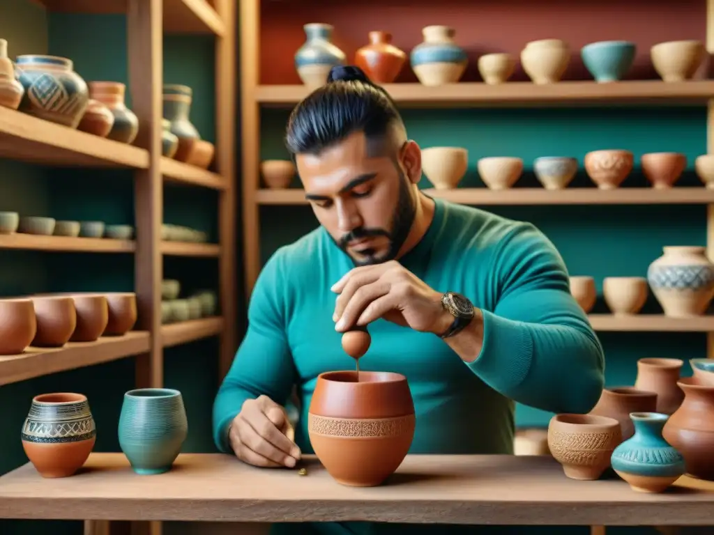 Un artesano uruguayo crea una taza mate tradicional con patrones vibrantes en un taller lleno de artesanías tradicionales uruguayas únicas