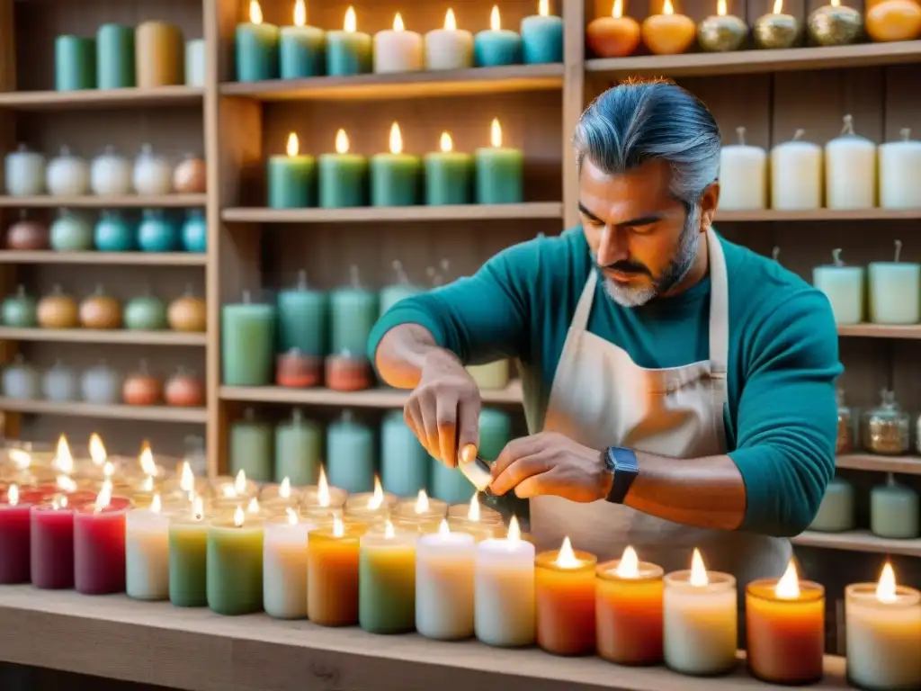 Un artesano uruguayo crea velas artesanales en su taller, rodeado de esencias locales y materiales naturales, reflejando la tradición en el hogar