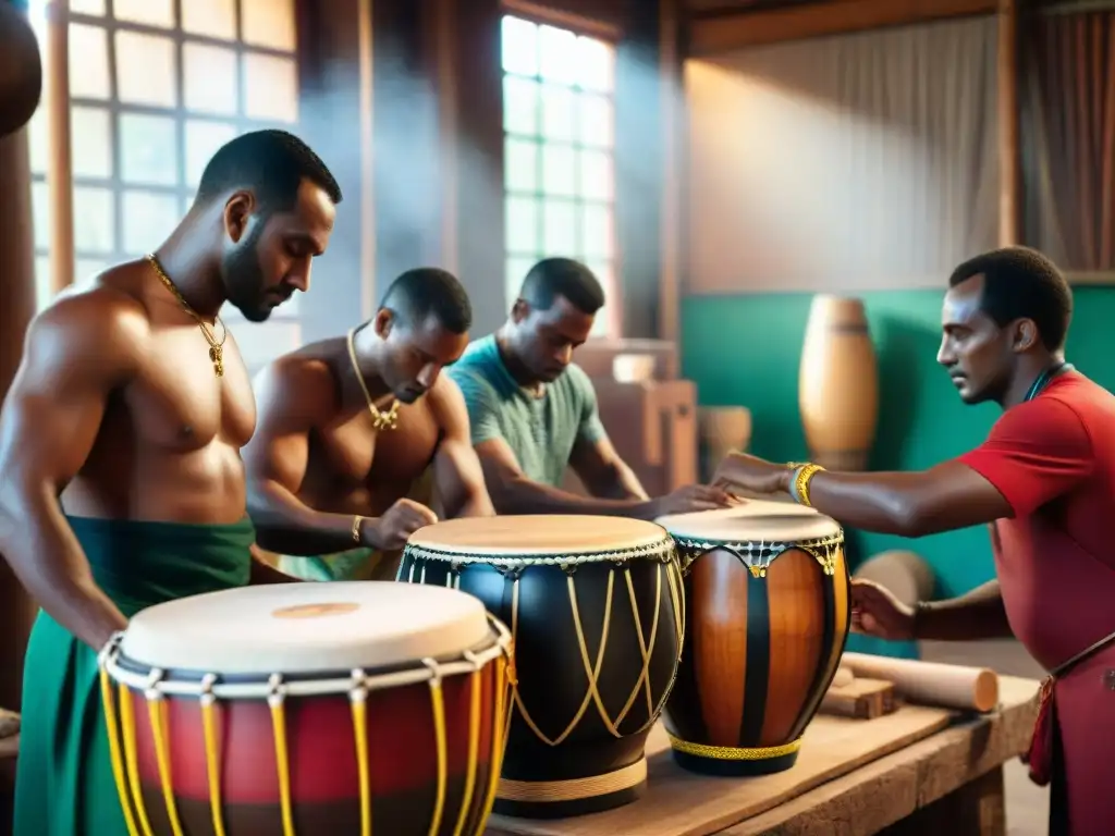 Artesanos construyendo tambor candombe paso a paso en taller iluminado por el sol