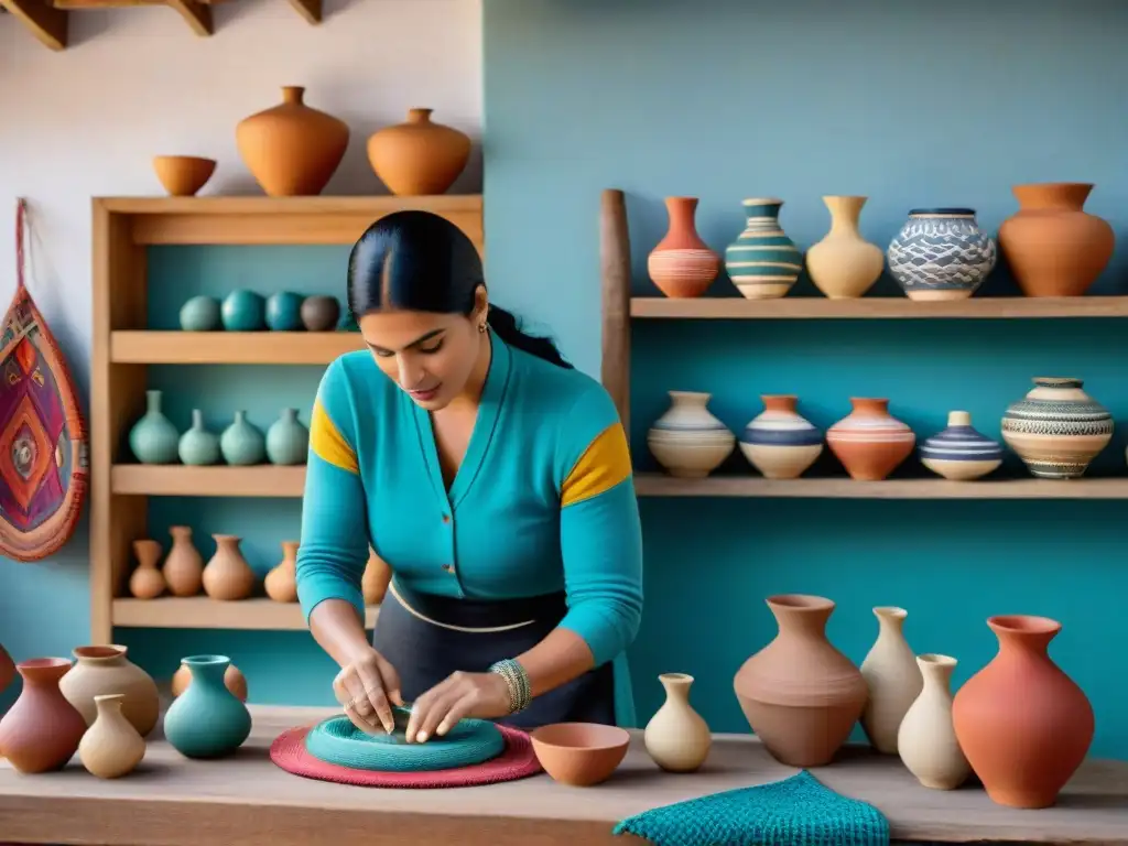 Artesanos uruguayos creando artesanías tradicionales en un taller comunitario