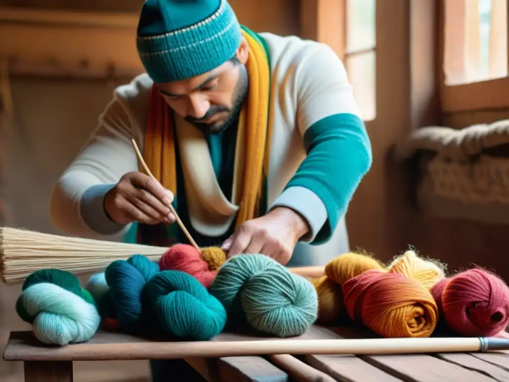 Artesanos uruguayos creando bufandas y guantes de invierno en un taller acogedor con hilos vibrantes y telares tradicionales