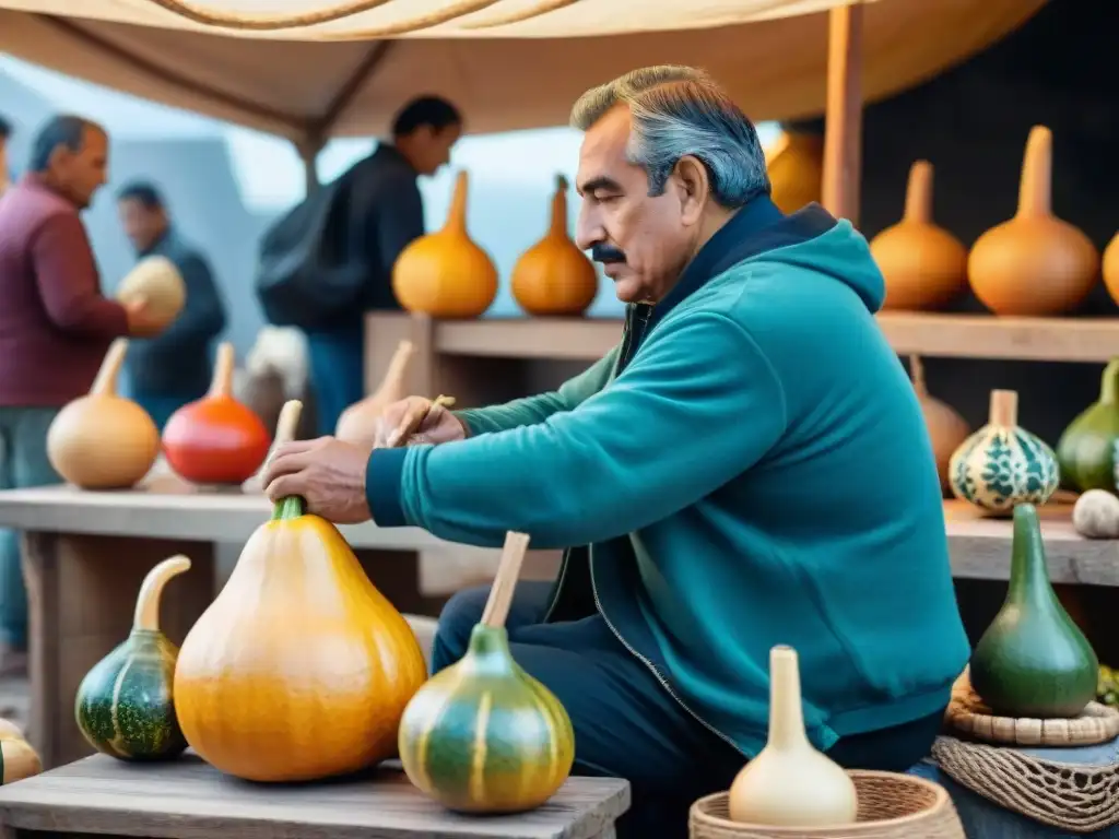 Artesanos uruguayos creando mates en mercado local