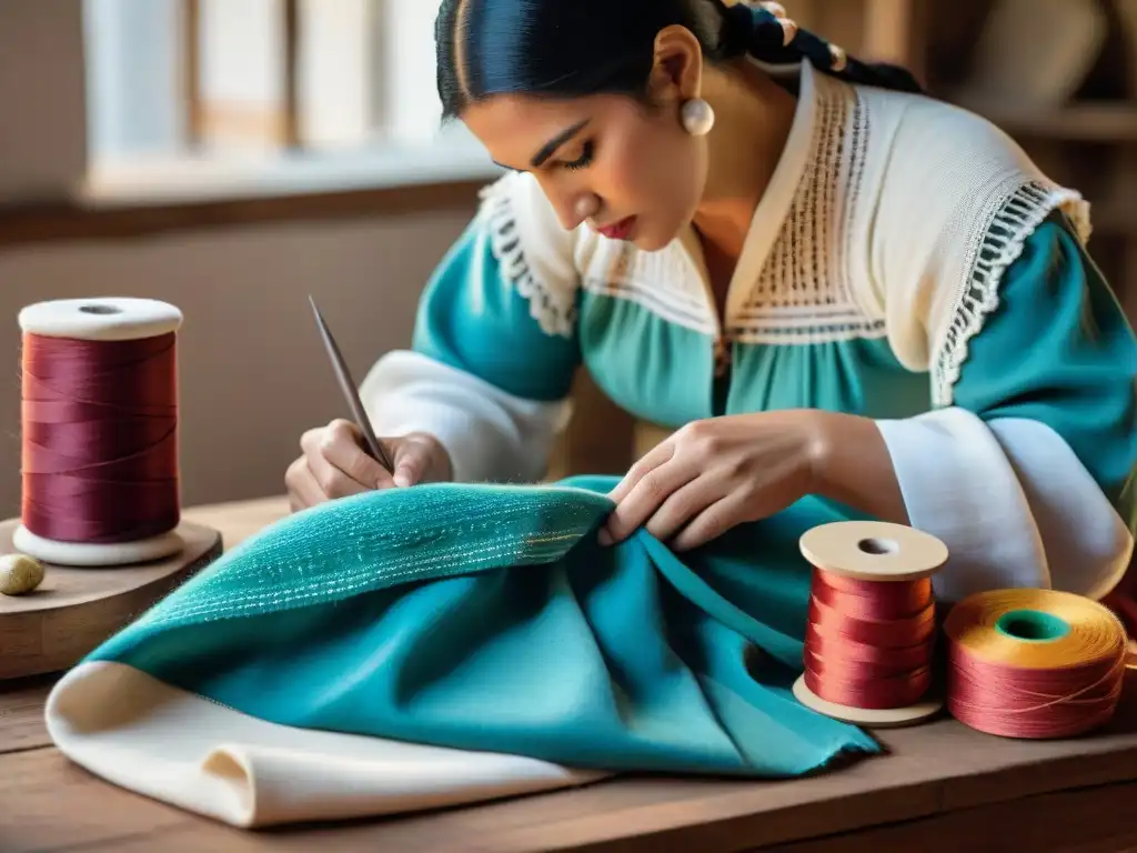 Artesanos uruguayos creando moda tradicional uruguaya con hilos coloridos y técnicas de costura intrincadas