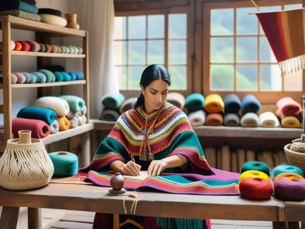 Artesanos uruguayos creando moda tradicional y tendencias en taller colorido con telares antiguos y herramientas de bordado