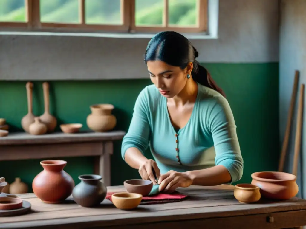 Artesanos uruguayos creando textiles y cerámica en paisajes verdes