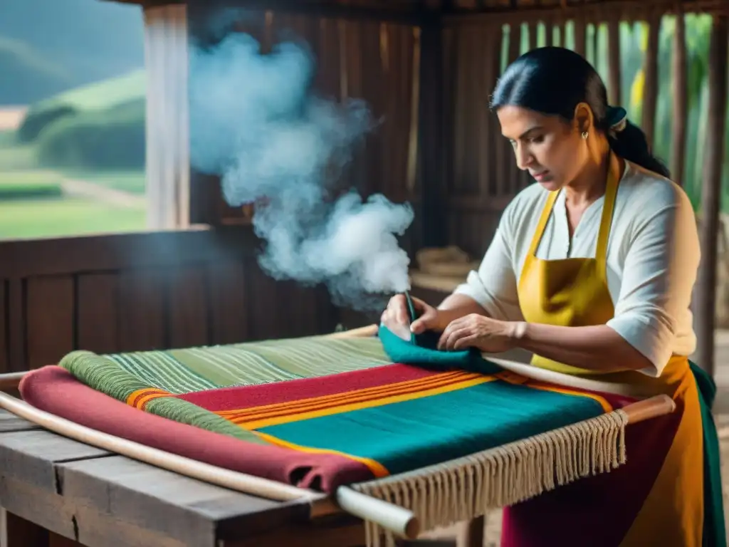 Artesanos uruguayos creando textiles a mano en la naturaleza, apoyando el turismo responsable en Uruguay