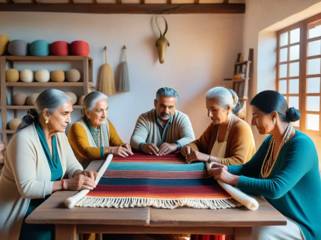 Artesanos uruguayos creando textiles tradicionales en un ambiente lleno de color y tradición