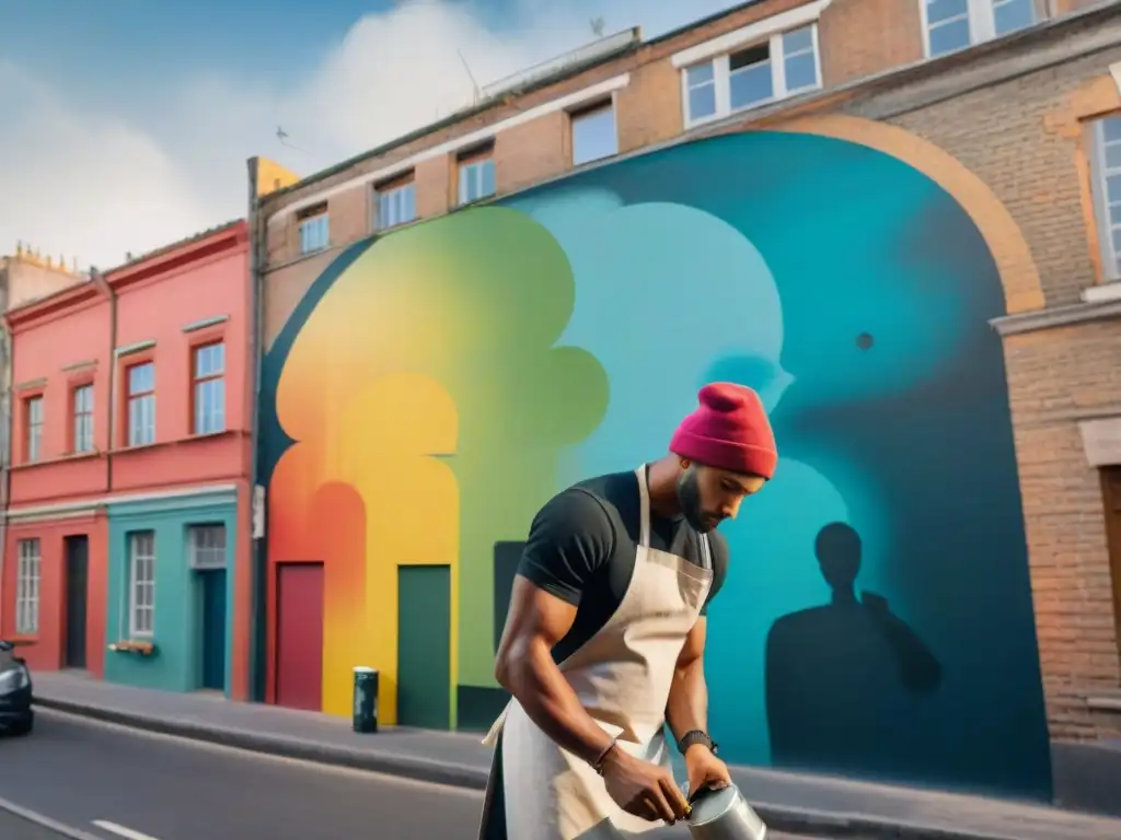 Artista callejero en Montevideo creando un mural vibrante en una pared de ladrillo, rodeado de admiradores