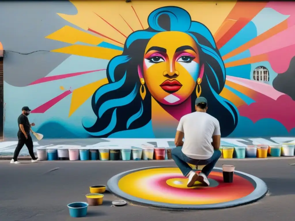 Un artista callejero talentoso en Uruguay pintando un mural intrincado en el suelo, rodeado de colores vibrantes y admiradores