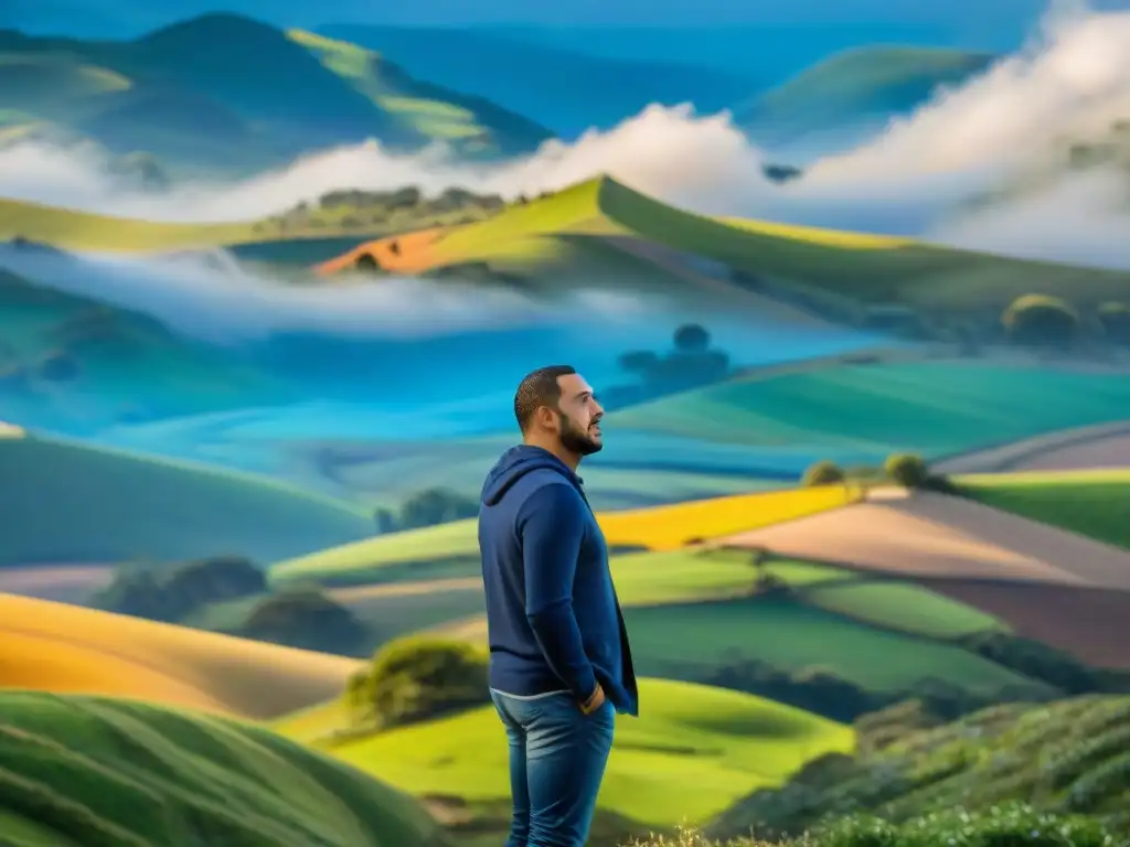 Artista Carmelo de Arzadun contemplando su vibrante pintura, reflejando la belleza de paisajes uruguayos