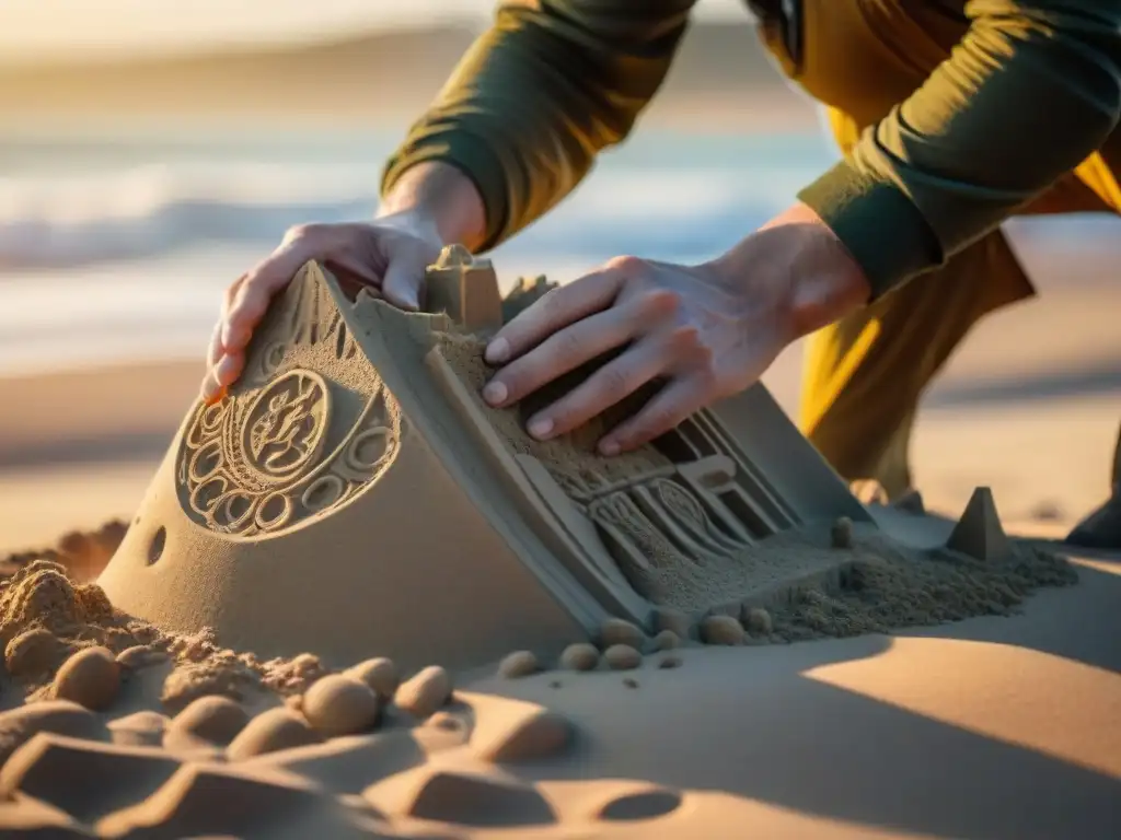 Artista esculpe detallada escultura en arena, playas Uruguay, bajo cálido sol dorado