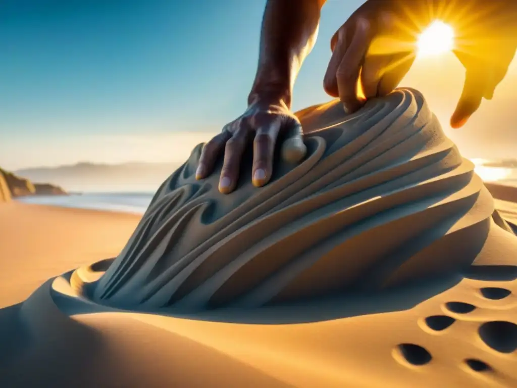 Un artista experto esculpe una detallada escultura en arena en una playa de Uruguay, capturando la esencia de la creatividad y destreza