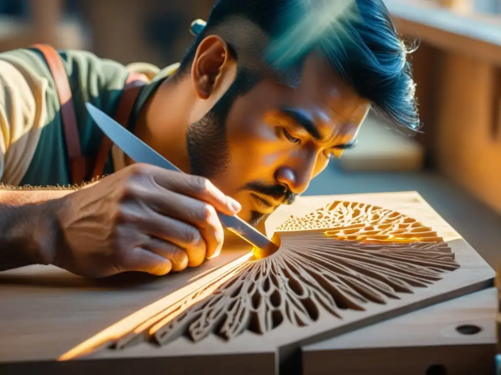 Un artista tallando imágenes ocultas en madera con precisión en su taller, bajo la luz del sol