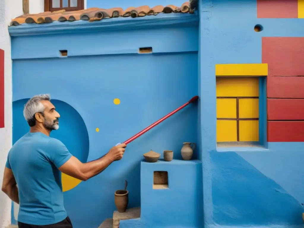 Un artista local pintando un mural colorido en Colonia del Sacramento, Uruguay