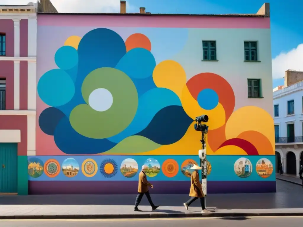 Un artista local pinta un mural lleno de símbolos culturales en Montevideo, Uruguay, rodeado de espectadores de todas las edades