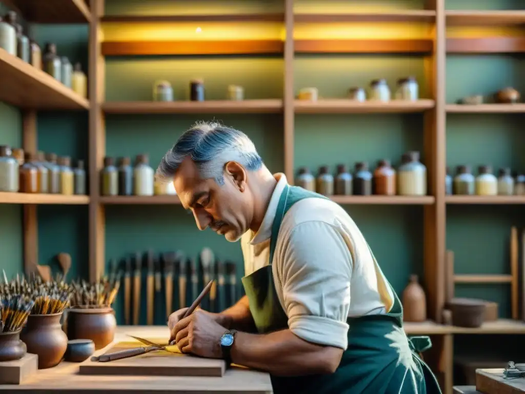 Artista restaurando una pintura antigua en un taller soleado, rodeado de herramientas organizadas