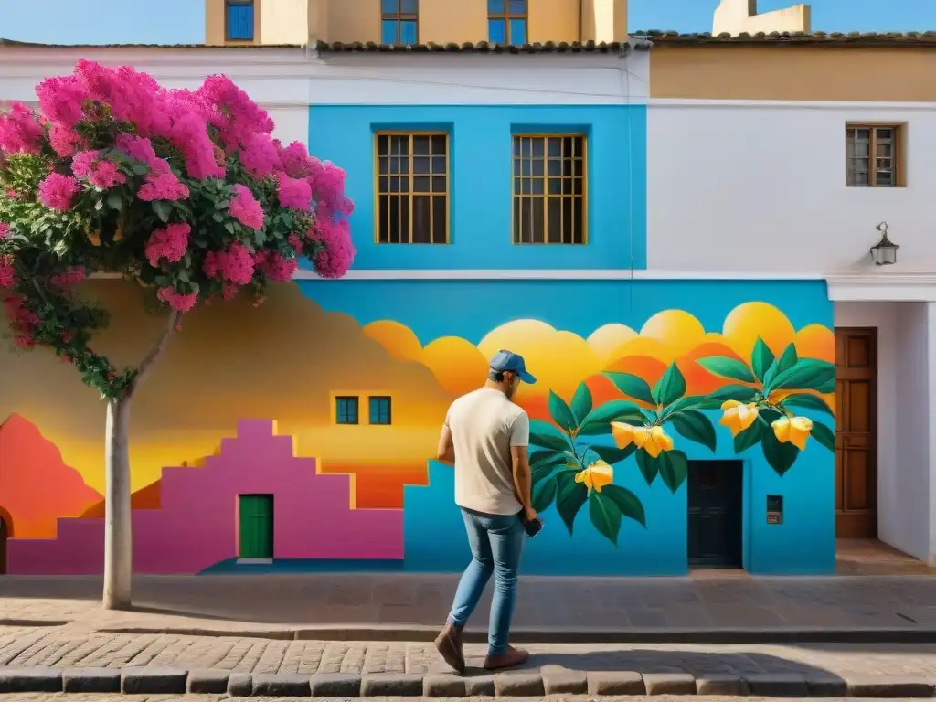 Un artista uruguayo local crea un mural vibrante en un callejón urbano, fusionando motivos tradicionales con estética contemporánea