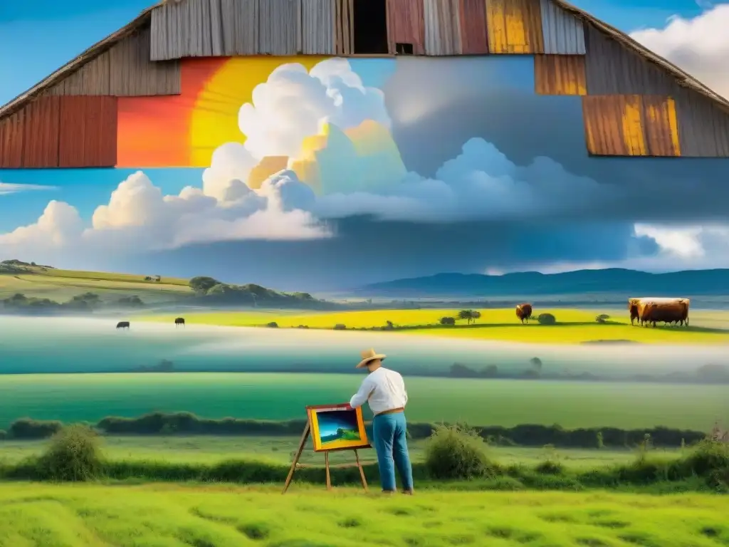 Un artista uruguayo pinta un mural en un granero rural, rodeado de naturaleza y ganado