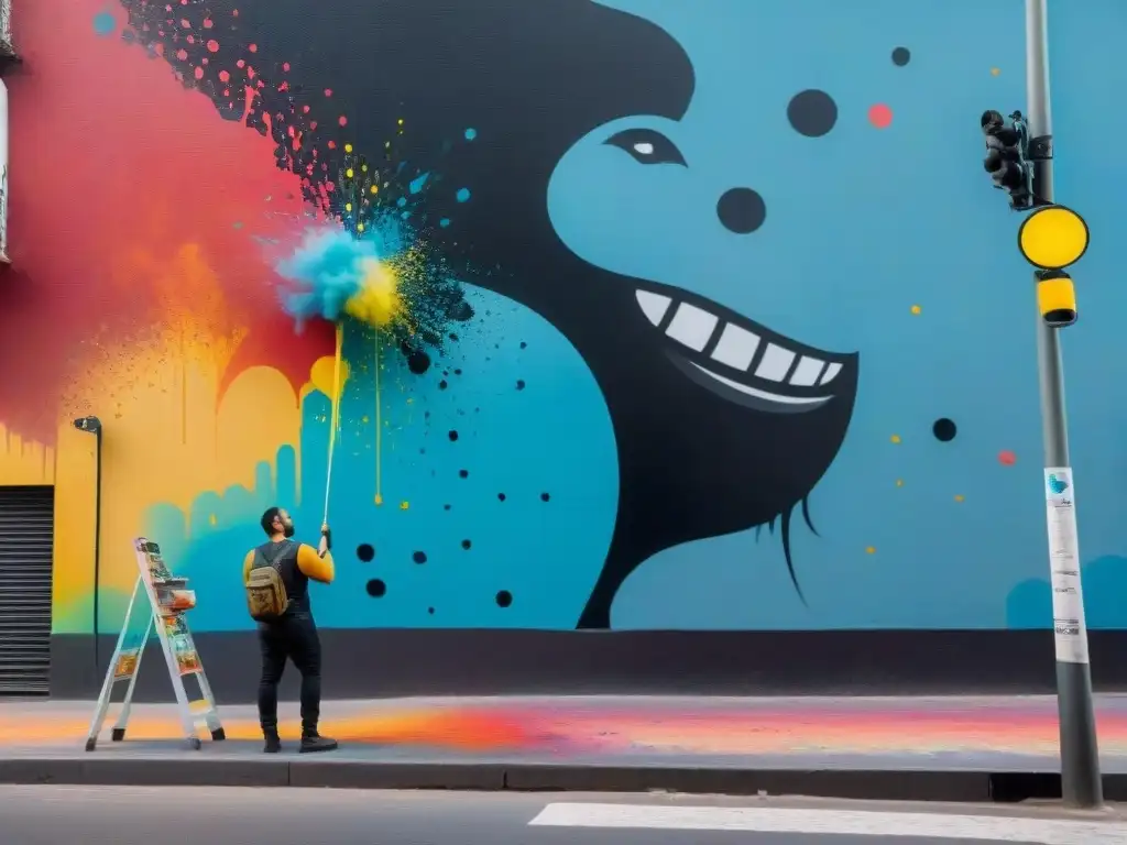 Artista uruguayo pintando mural vibrante en la calle, rodeado de curiosos