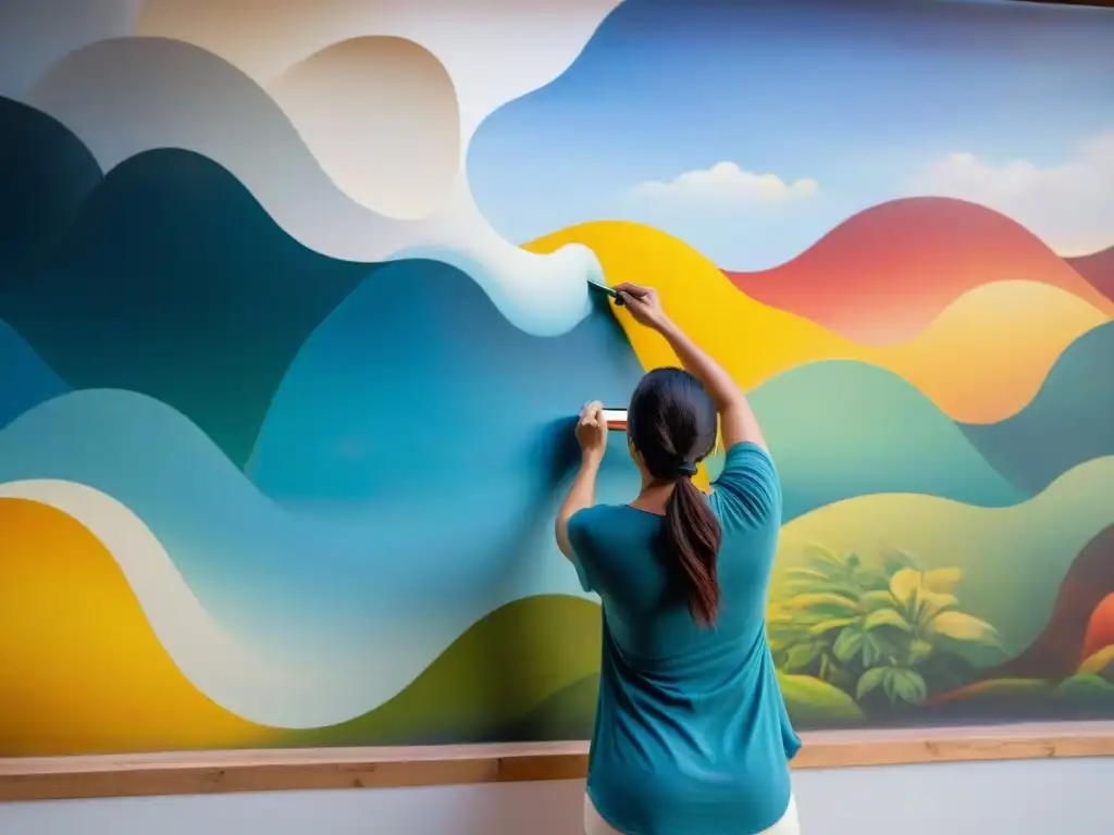 Un artista uruguayo pinta un mural vibrante en un museo, rodeado de arte regional