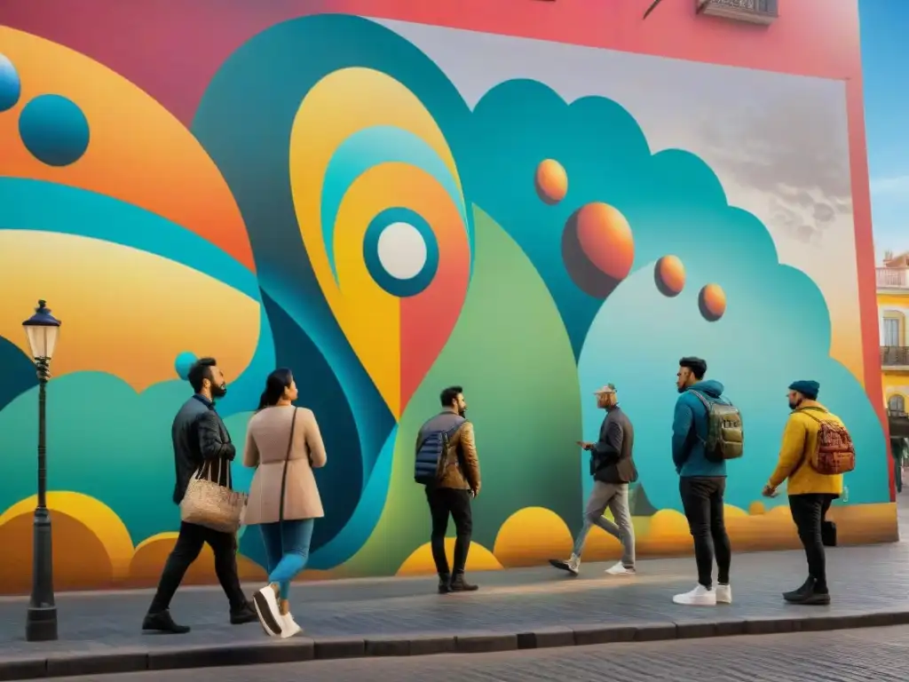 Artistas callejeros pintando un mural colorido en Montevideo en el Festival de la X