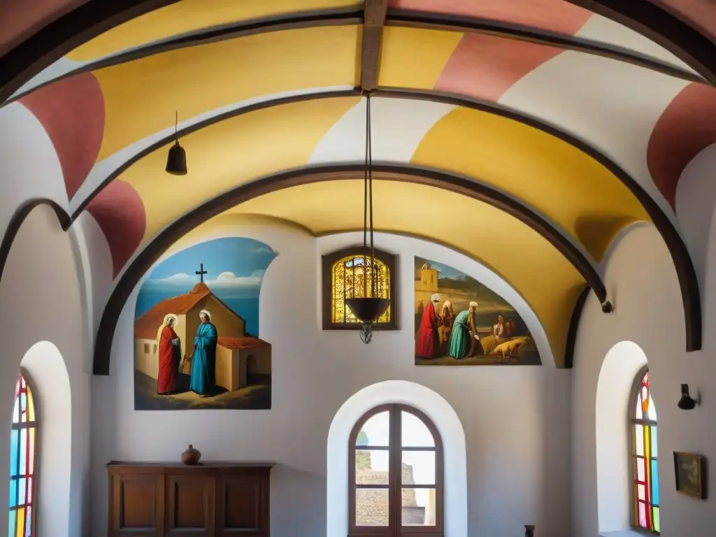 Artistas restaurando frescos coloniales en iglesia histórica de Colonia del Sacramento, Uruguay