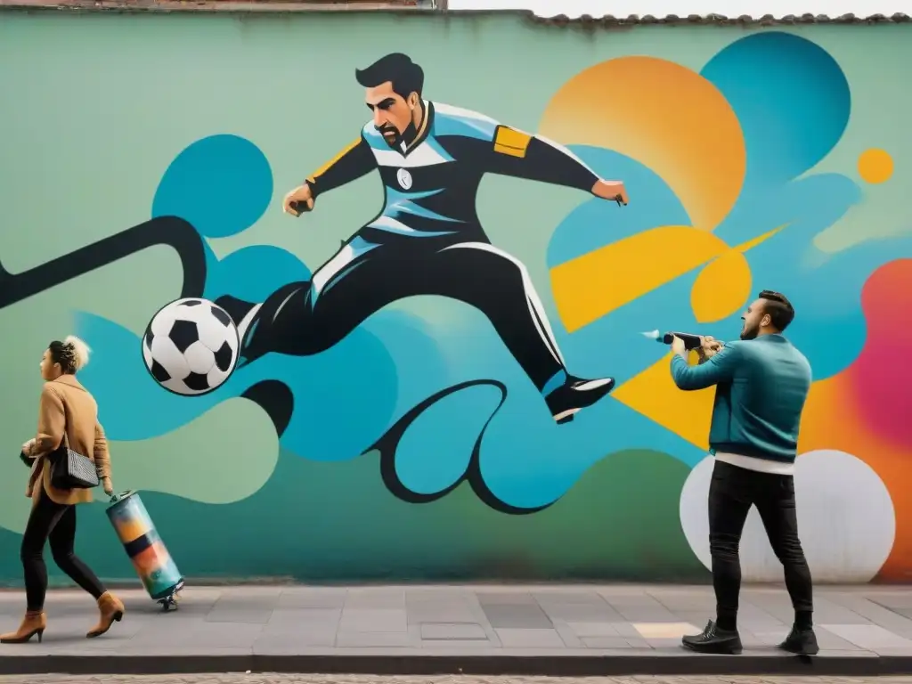 Artistas uruguayos pintando mural inspirador de fútbol con colores vibrantes en la calle