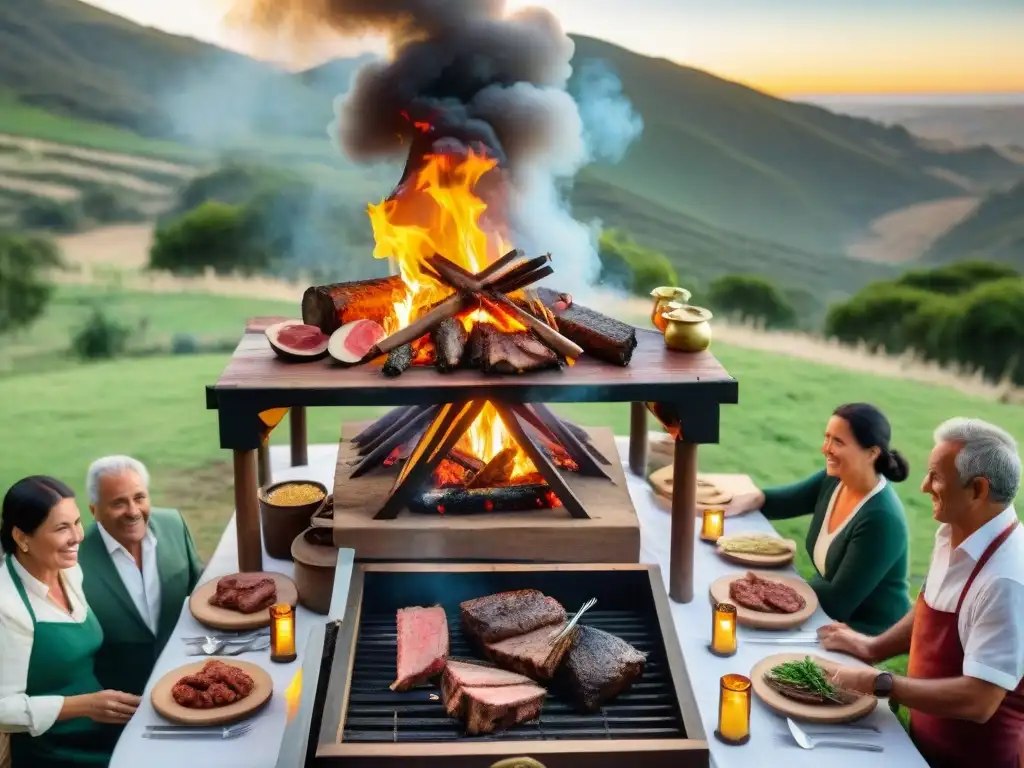 Un asado de lujo en Uruguay: una escena detallada de un asado tradicional uruguayo al aire libre al atardecer