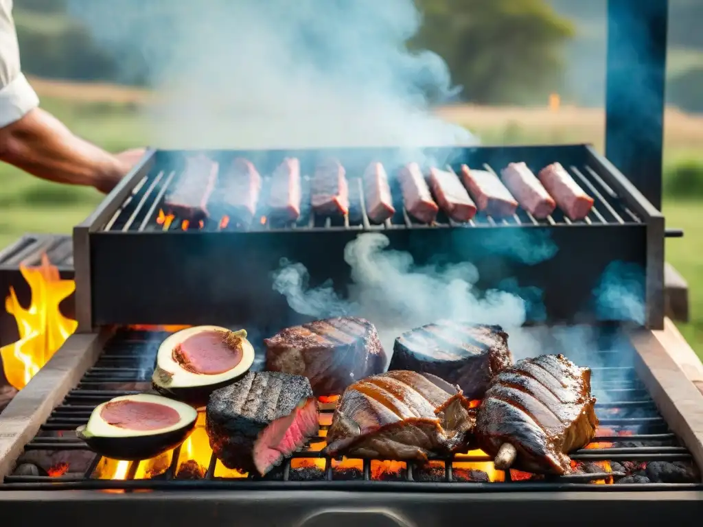 Un asado de lujo en Uruguay: un experto asador prepara cortes premium sobre brasas en un paisaje campestre pintoresco