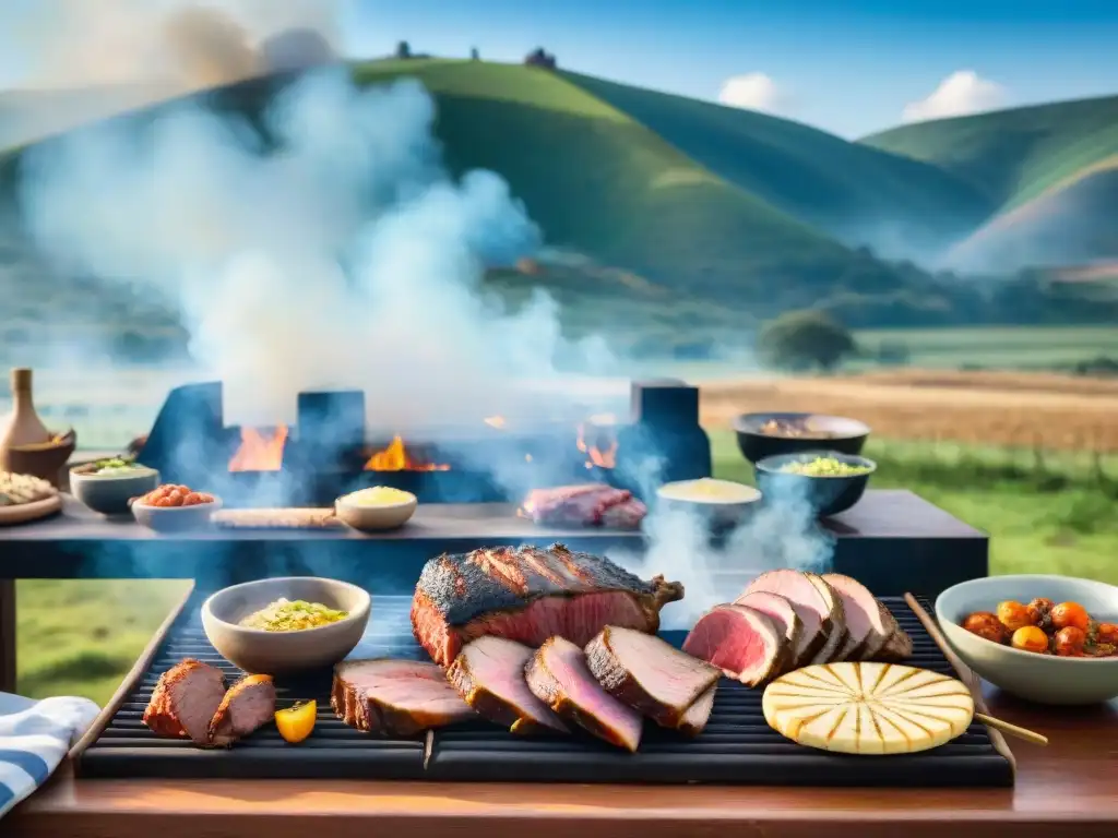 Un asado de lujo en Uruguay: mesa rústica con cortes premium, chefs locales preparando carne a la parrilla, turistas observando con asombro