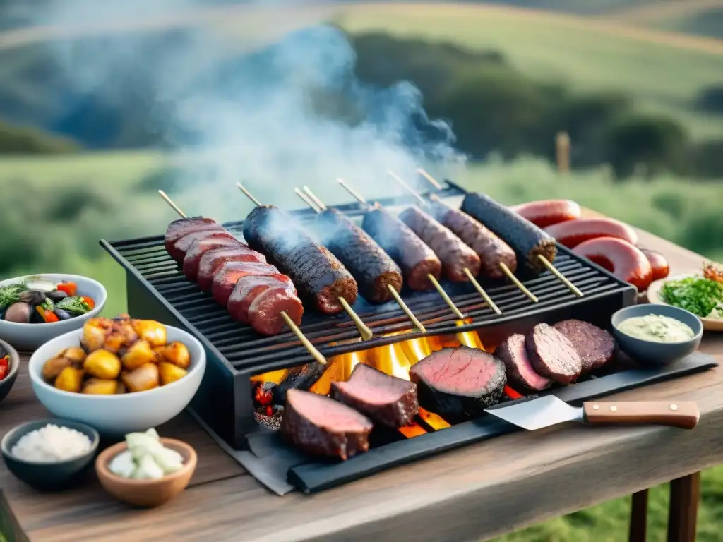 Un asado tradicional en estancias uruguayas: gauchos preparan carne a la parrilla rodeados de platos típicos y un paisaje campestre