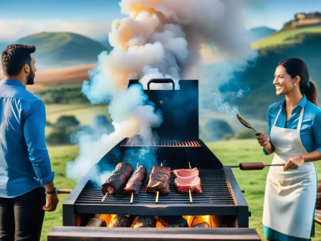 Un asado tradicional uruguayo al aire libre, rodeado de naturaleza y cultura