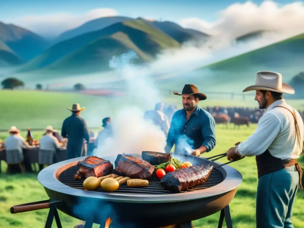 Un asado tradicional uruguayo en el campo con gauchos cocinando carne a la parrilla, rodeados de naturaleza