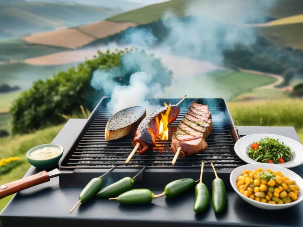 Un asado tradicional uruguayo en el campo, con locales cocinando carne a la parrilla en un día soleado