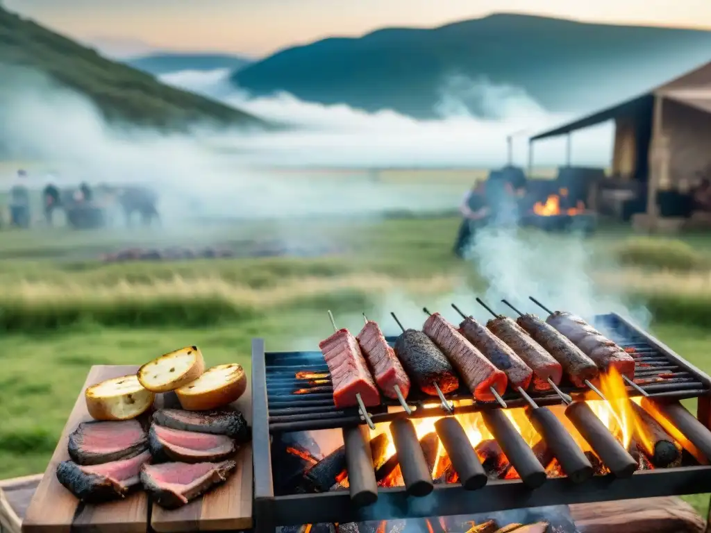 Un asado tradicional uruguayo en el campo, gauchos cocinando carne sobre brasas