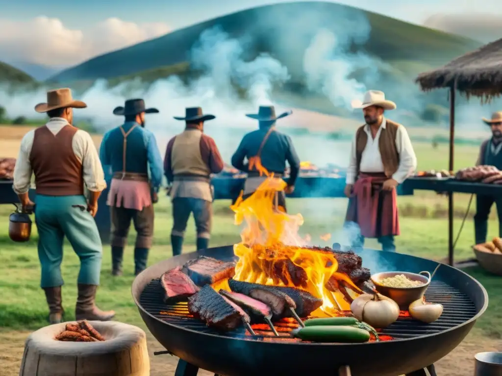 Un asado tradicional uruguayo en el campo con gauchos cocinando carnes a la parrilla