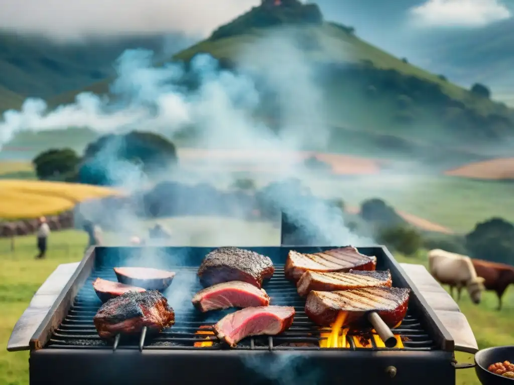 Un asado tradicional uruguayo en el campo con gauchos y una variedad de carnes a la parrilla