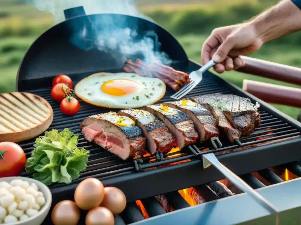 Un asado tradicional uruguayo en el campo, con gauchos preparando chivito y otras carnes a la parrilla