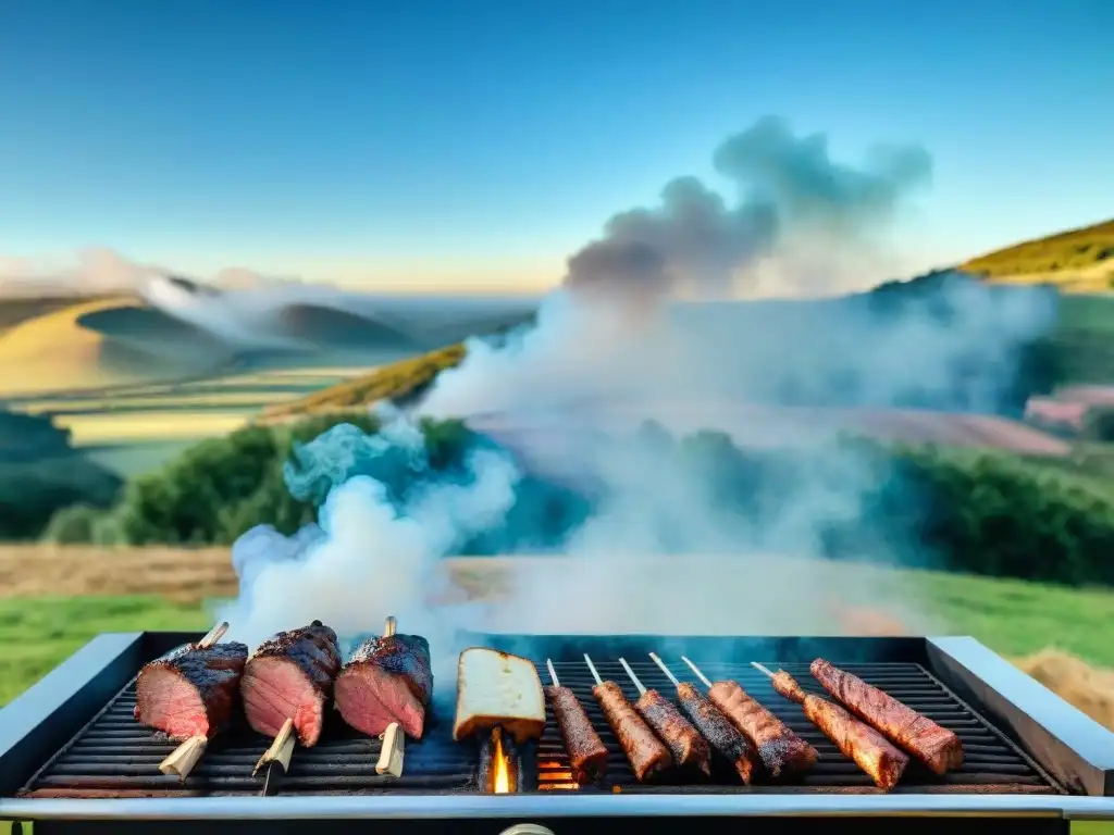 Un asado tradicional uruguayo en el campo con gauchos asando carne en parrilla de leña, en un escenario campestre