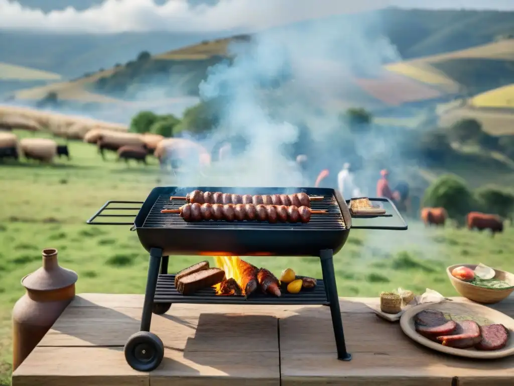 Un asado tradicional uruguayo en el campo, con humo y paisaje, ideal para inspirar tus fotos