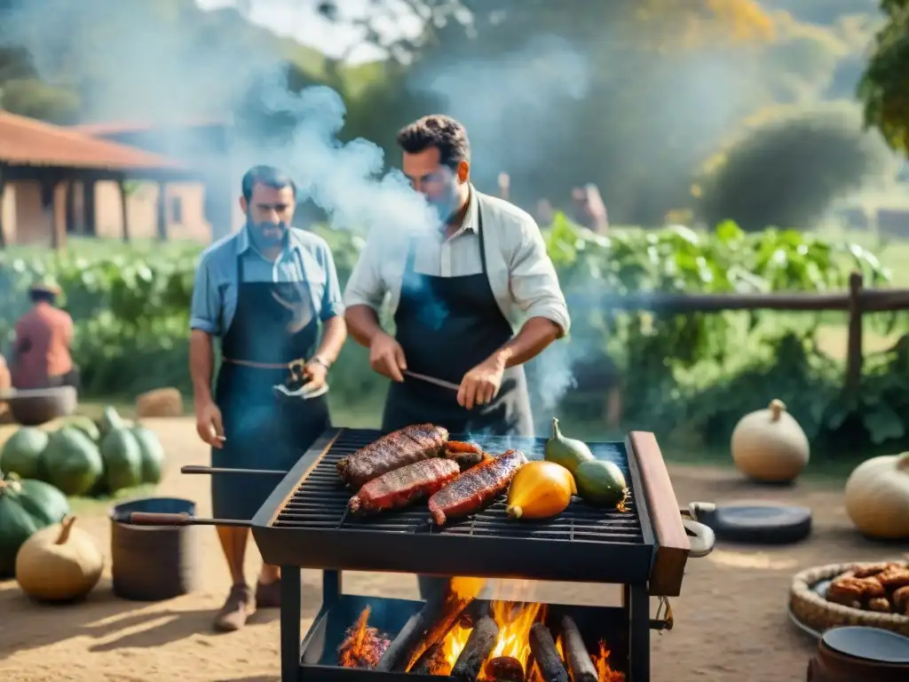 Un asado tradicional uruguayo en el campo, con gauchos cocinando carnes