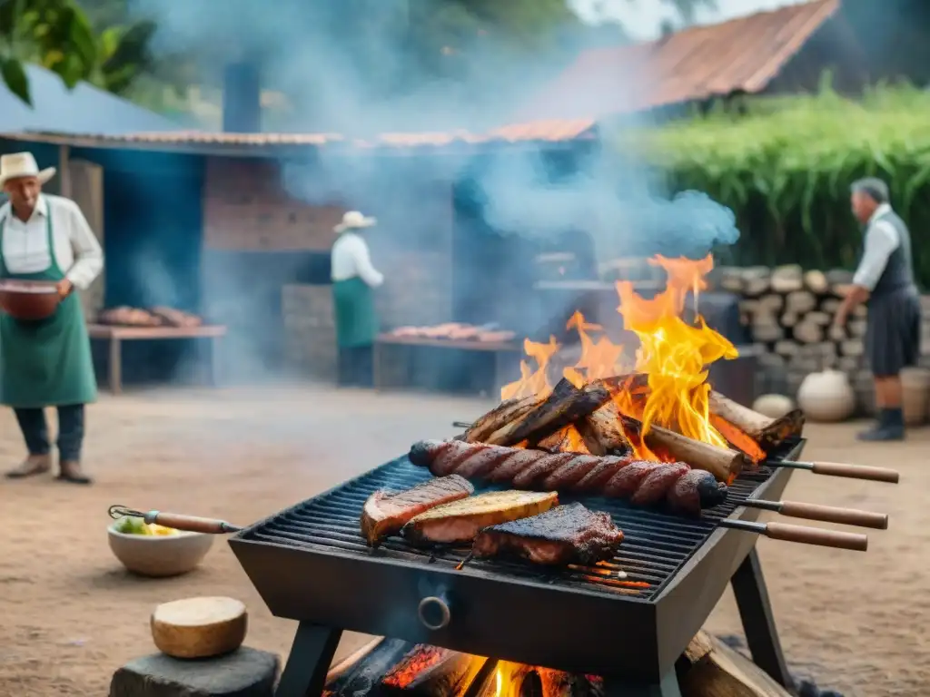 Un asado tradicional uruguayo capturado en una escena campestre rústica