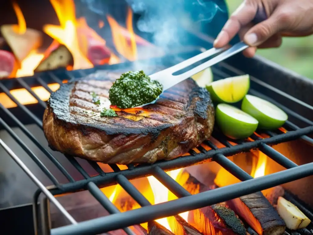 Un asado tradicional uruguayo, con carne dorada, chimichurri, vegetales y pan rústico