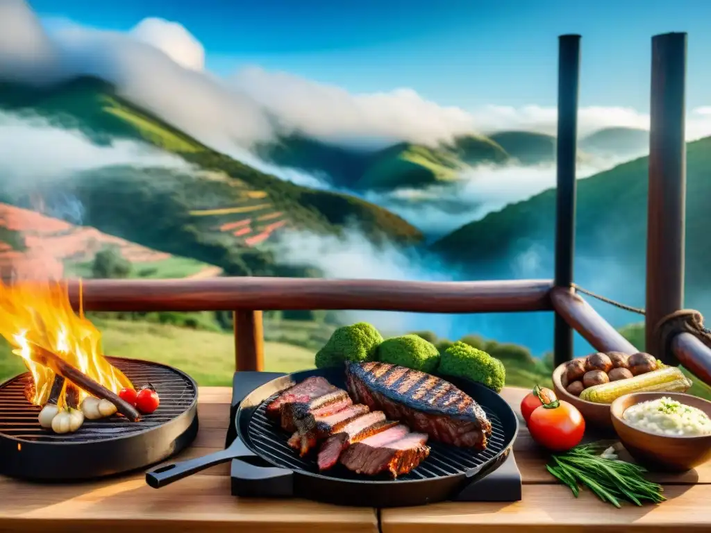 Un asado tradicional uruguayo en Cerro Chato Uruguay, con carnes, chorizos y verduras a la parrilla en una mesa de madera rústica