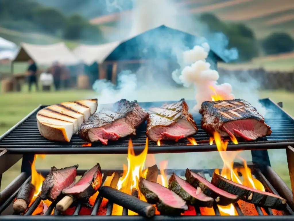 Un asado tradicional uruguayo en detalle, con gauchos, carnes y paisaje campestre