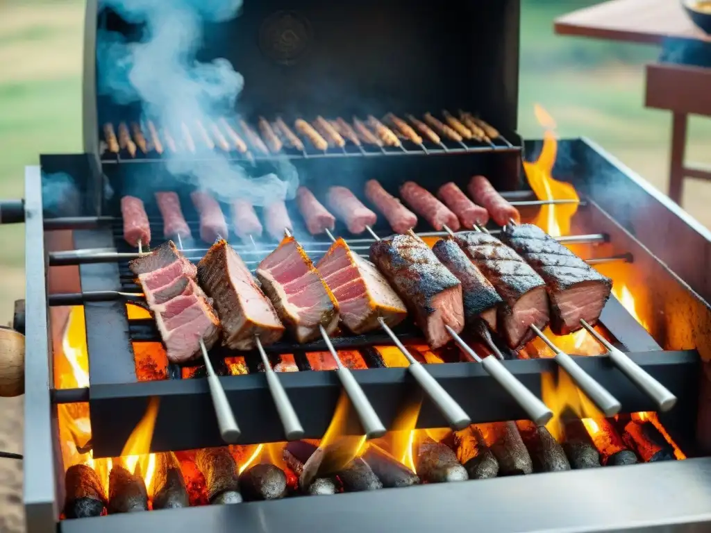 Un asado tradicional uruguayo en detalle, con carnes variadas en la parrilla y llamas alrededor